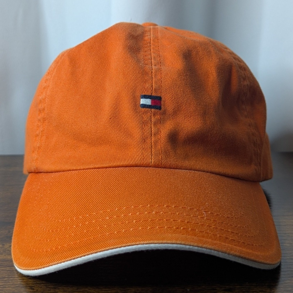 Tommy Hilfiger Orange Cotton Dad Hat Leather Strapback Flag Logo Cap